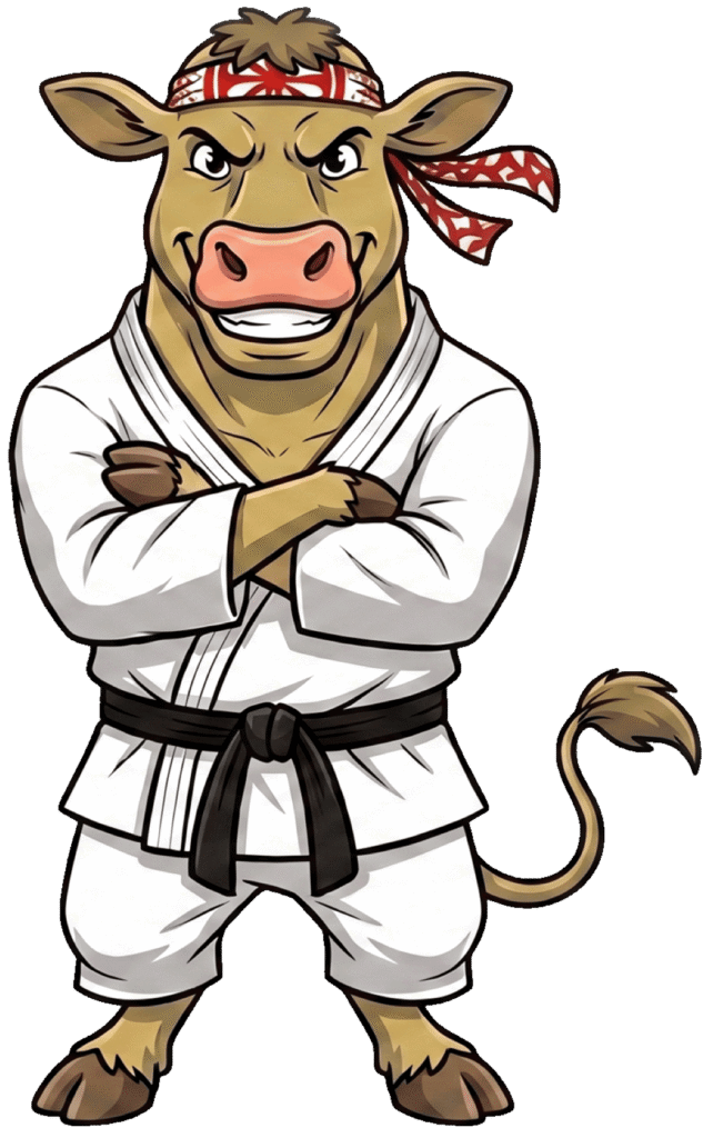 Cartoon caricature of Mr. Moo-agi the steer dressed as a karate black belt