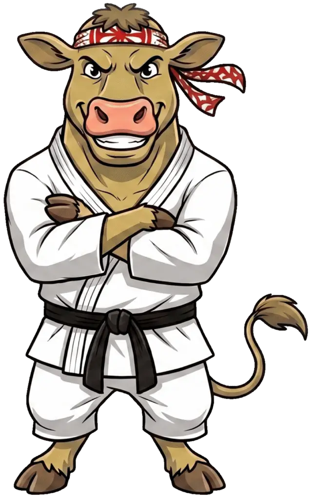 Cartoon caricature of Mr. Moo-agi the steer dressed as a karate black belt